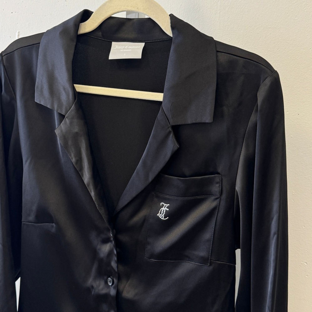 Juicy Couture Black Satin Feather Trim Pajama Top Rhinestone JC Logo Mens Small - Picture 5 of 12